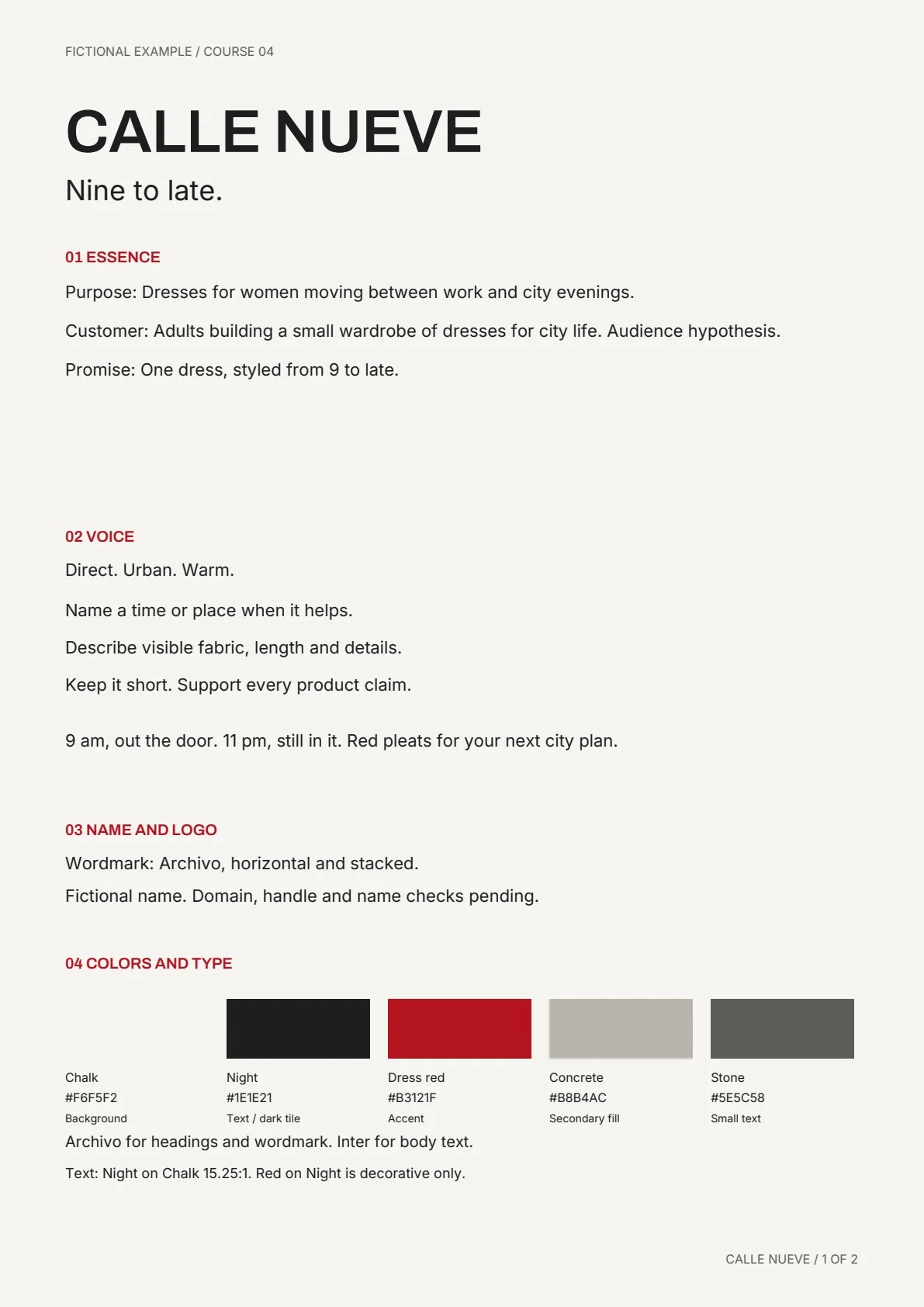 Calle Nueve example brand sheet from the course