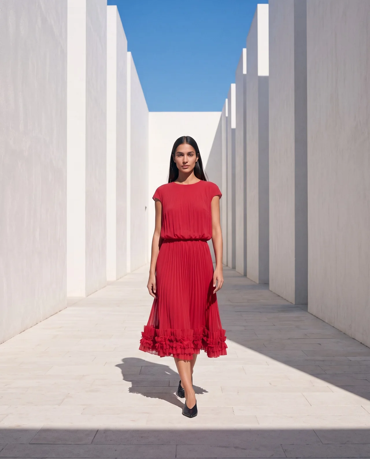 AI-generated editorial example of a model wearing a red pleated dress in a white passage