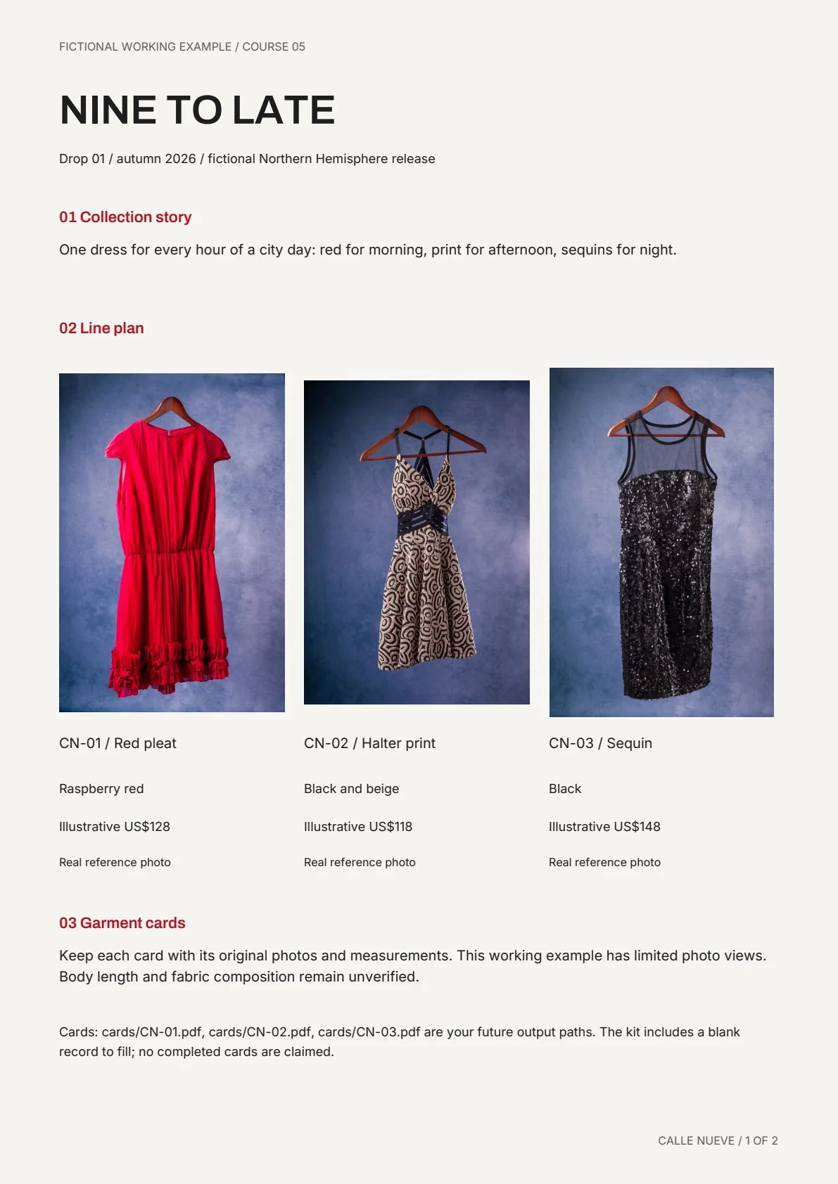 Nine to Late collection sheet with three reference garments