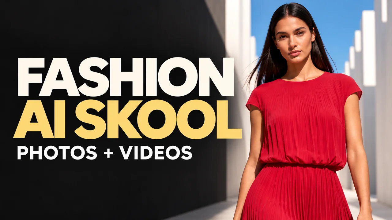 Fashion AI Skool promotional cover with a generated red-dress model