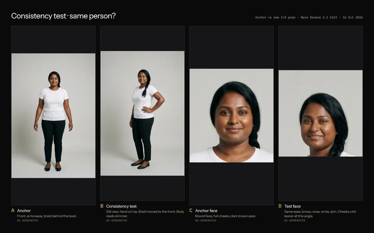 Course consistency board with full-body and face comparisons of Nila