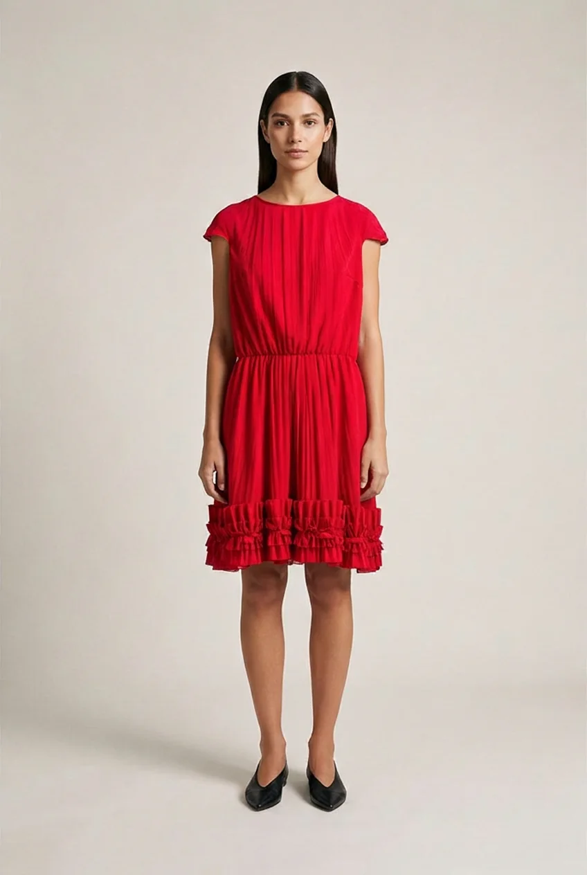 Earlier generated red-dress practice result with a shorter apparent hem