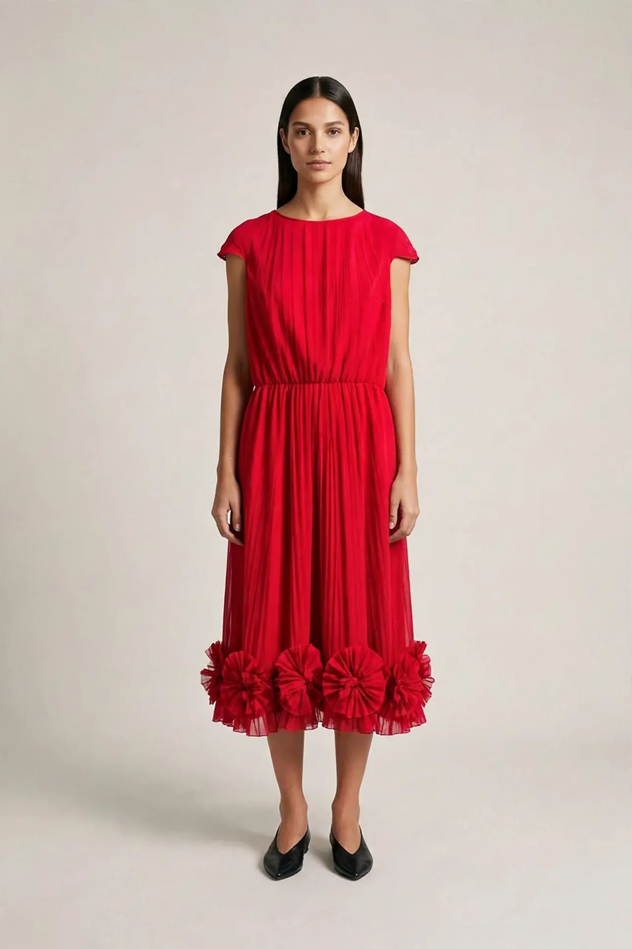 AI-generated practice image of the red dress on a synthetic adult model