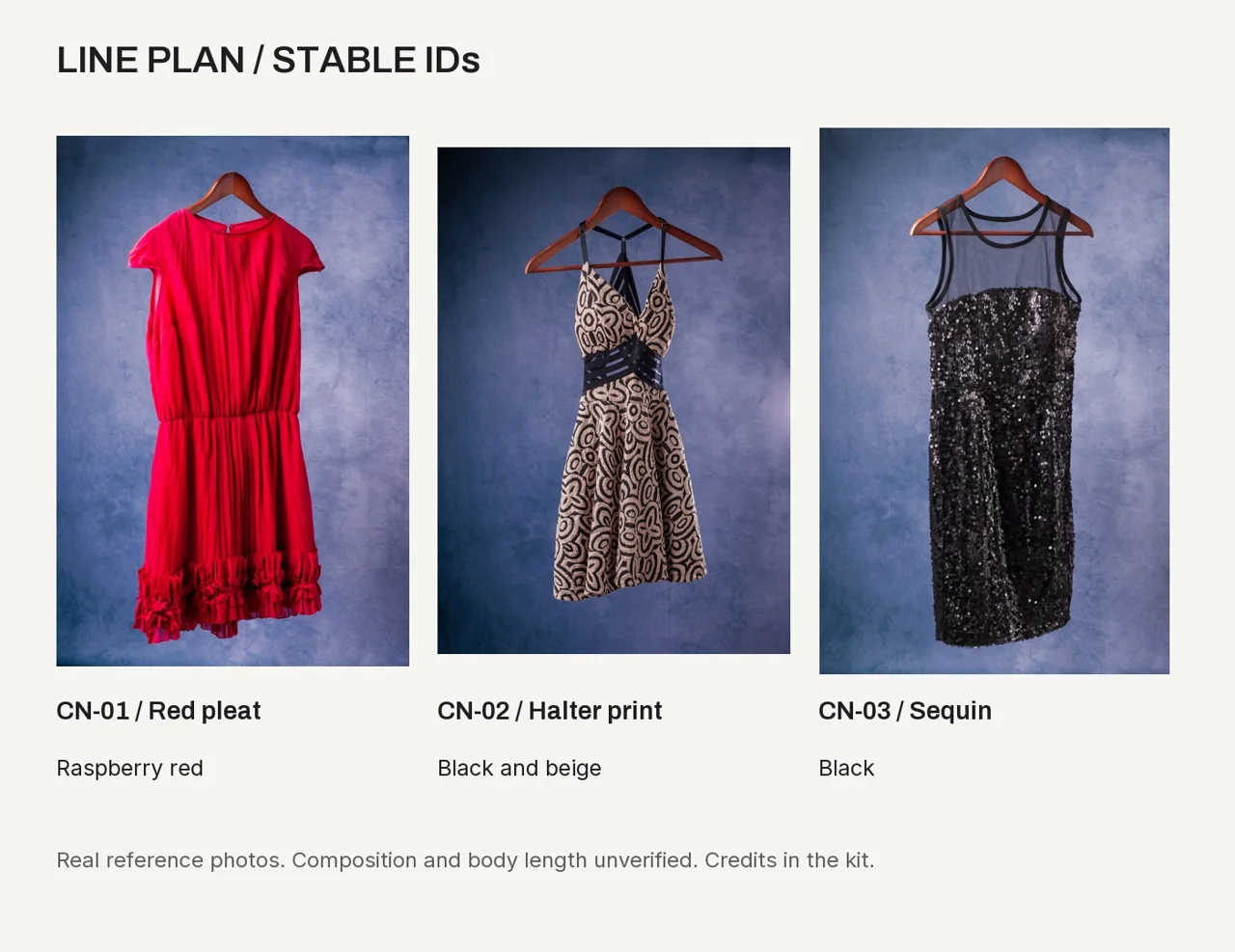 Three real garment reference photographs labeled CN-01, CN-02 and CN-03