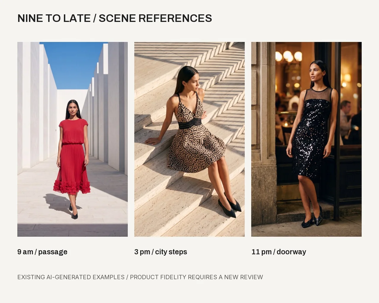 Calle Nueve teaching example showing three generated campaign scene references