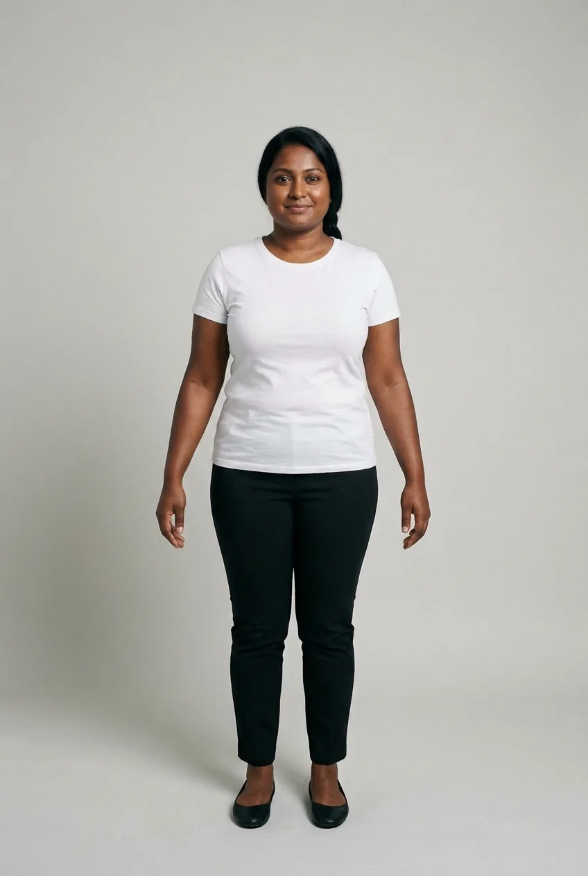 Nila synthetic adult model in a neutral full-body reference image