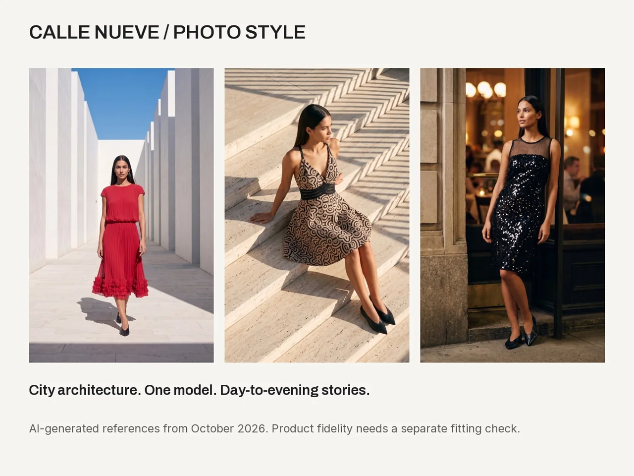 Calle Nueve photo-style board with three different fashion scenes