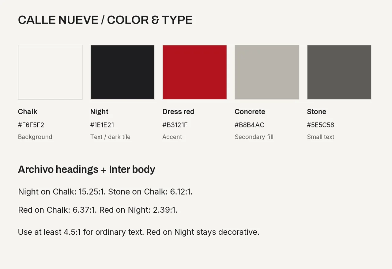 Calle Nueve course board showing palette roles and typography choices